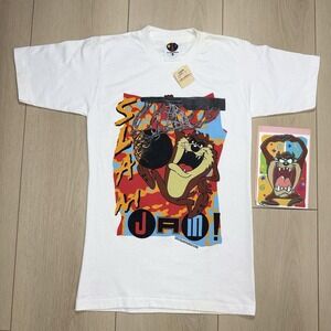 VTG 1992 Taz Jam Looney‎ Tunes Kids L Single Stitch Tee w/ 1995 Card Flaws